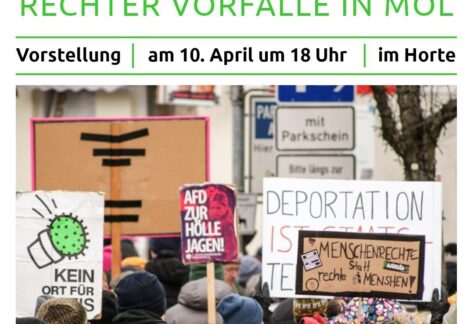 Das Bild zeigt ein Foto von einer Kundgebung in Strausberg mit vielen Menschen und Anti-Nazi-Schildern.