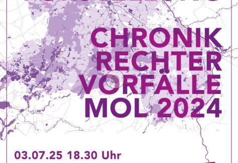 Vor dem Hintergrund einer topographischen Karte des Landkreises steht Vorstellung Chronik rechter Vorfälle MOL 2024